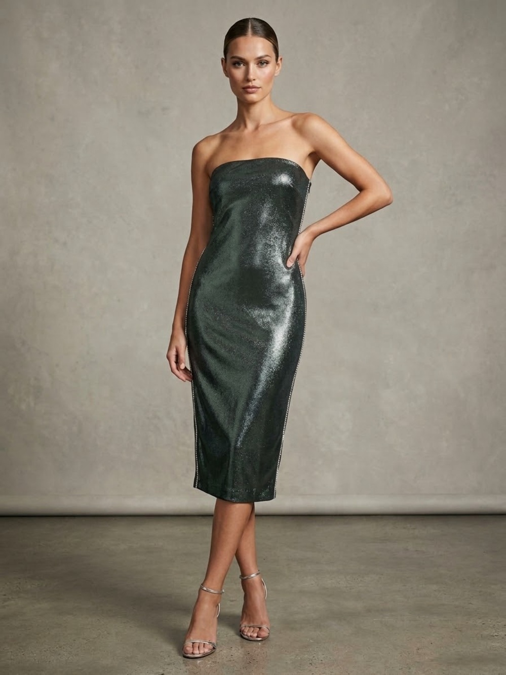 AREA Strapless Iridescent Black Midi Dress